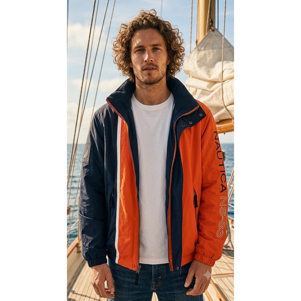 Vintage Nautica NS-83 Reversible Jacket Orange Navy Colorblock L 90s Sailing